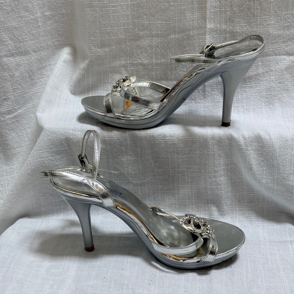 Delicacy Fabulous47 Sandals 5.5 Silver Rhinestone Flower Butterfly Stiletto Heel